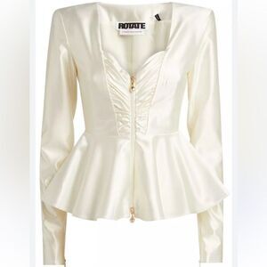 ROTATE BIRGER CHRISTENSEN WHITE ASPARAGUS SATIN RUCHED PEPLUM ANNIE TOP